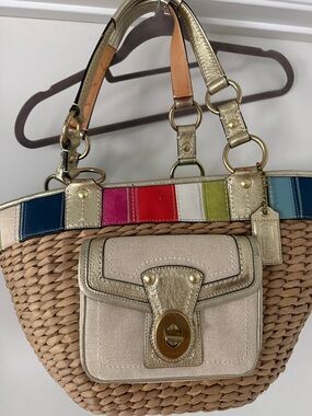 Coach Straw Tote with Gold Trim and Multicolor Stripe